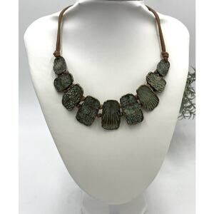 St. Thomas Etched Medallions Copper Tone‎ Brown Suede Patina Statement Necklace